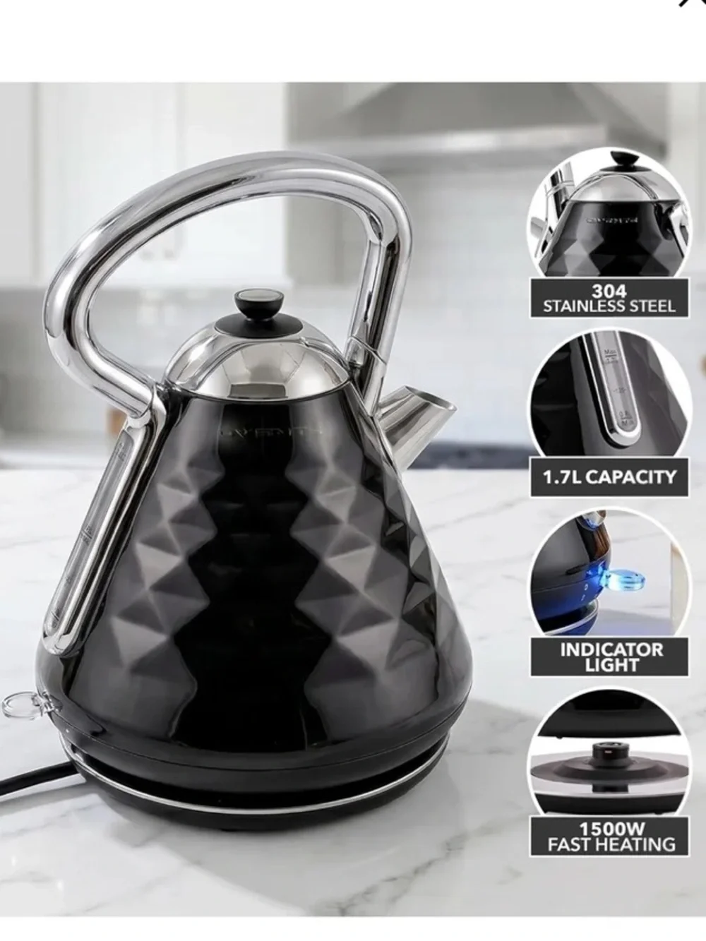 OVENTE Retro Electric Kettle, 1.7L Black Stainless Steel Tea Kettle, 1500W